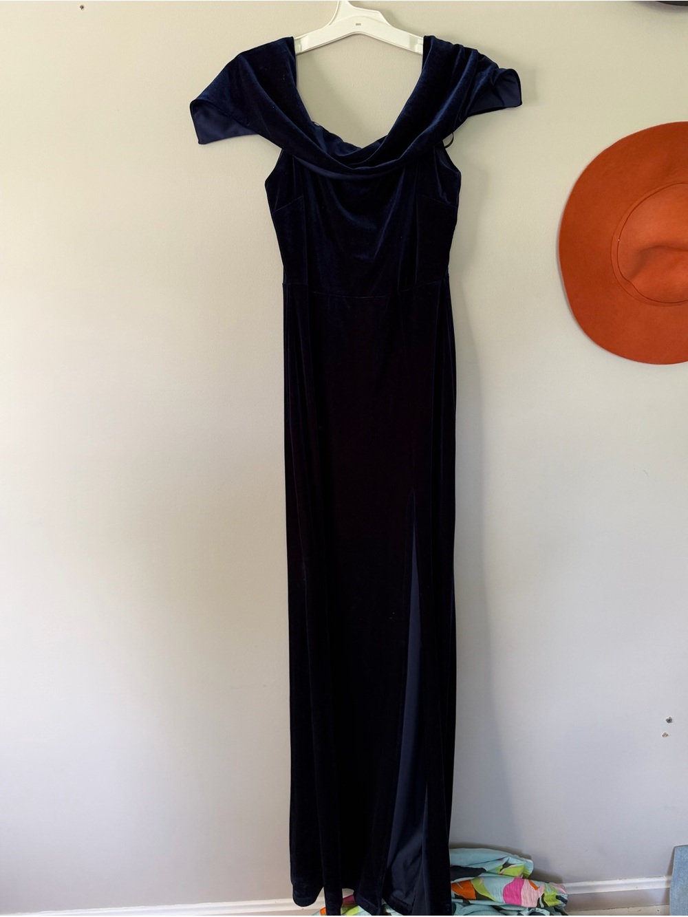 Elegant Navy Velvet Evening Dress with slit